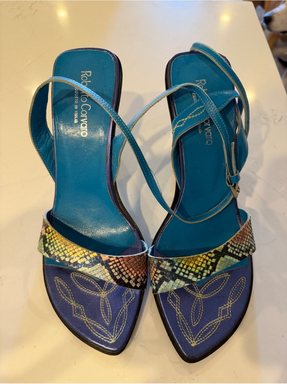Vintage Roberto Cavarro Teal Multicolor Strappy Heels, Made in Italy